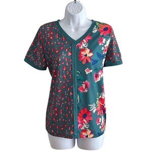 Cherrybetty Women's V-Neck Floral Leopard Print T-Shirt Size L